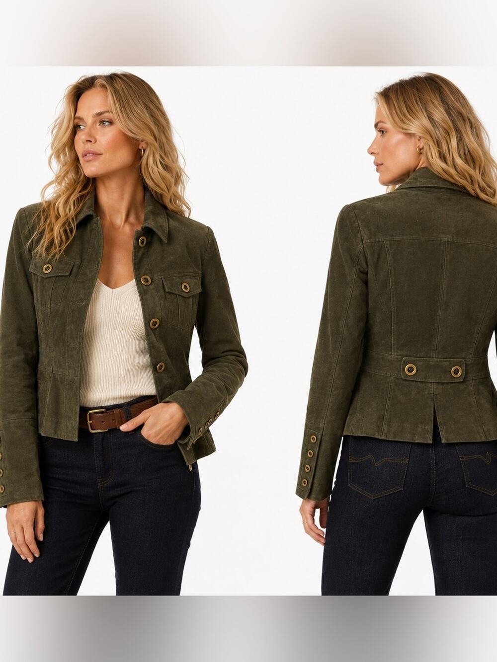 Vintage Y2K LOFT Olive Green Suede Leather Jacket XS Fitted Moto Western Boho